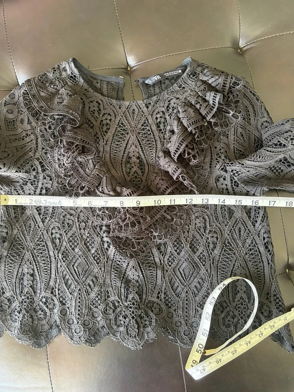 ZARA Gothic Black Guipure Lace Ruffle Neckline Long Sleeve Blouse XS